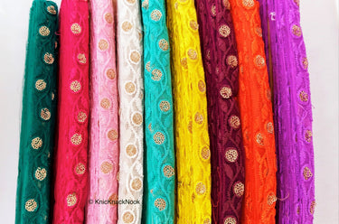 Wholesale Orange Net Lace Trim Floral Embroidery & Glitter Gold Sequins, Indian Wedding Border, Gifting Ribbon Costume Trim Fashion Trimming